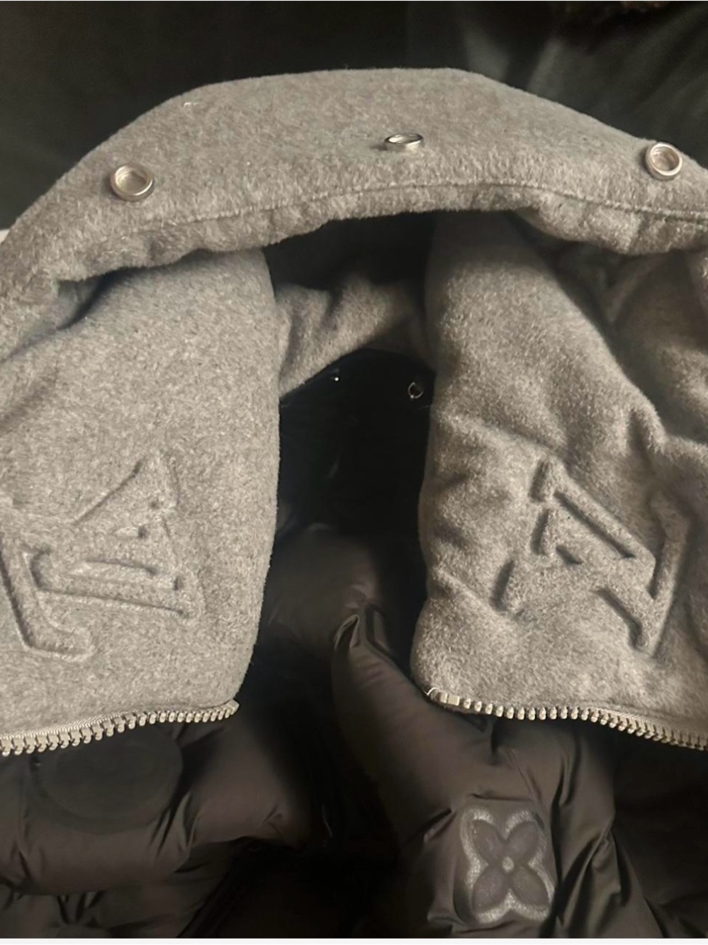 Louis Vuitton Kids Black Puffer Jacket with Gray Embossed Hood